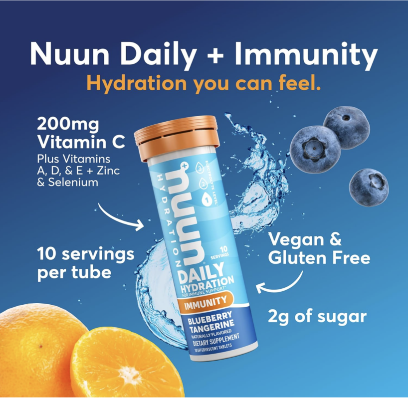 Nuun Immunity Electrolyte Tablets with Vitamin D, C, E, & A, Ginger, Elderberry, Magnesium & 4 Other Essential Electrolytes, Vegan, Blueberry Tangerine & Orange Citrus, 4 Pack (40 Servings Total)